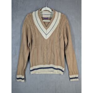 Himalaya Sweater Mens Small Beige Brown Chunky Rib Knit V-Neck